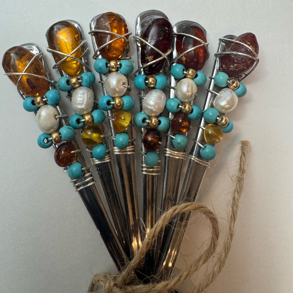 Handcrafted Beaded Demitasse Spoons with Amber and Freshwater Pearl Accents - Picture 2 of 3